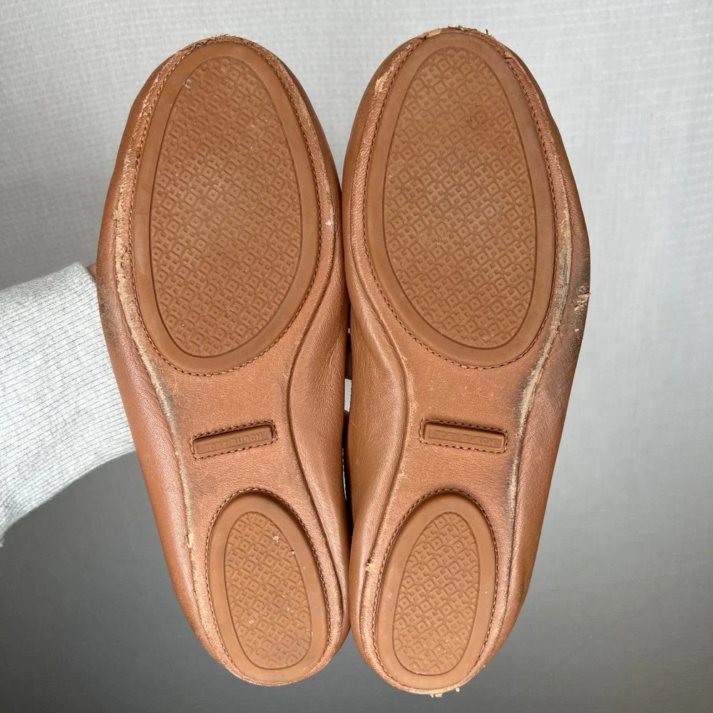 Tory Burch Minnie Travel Ballet Flats Brown Leather Gold‎ Logo Women US 8.5